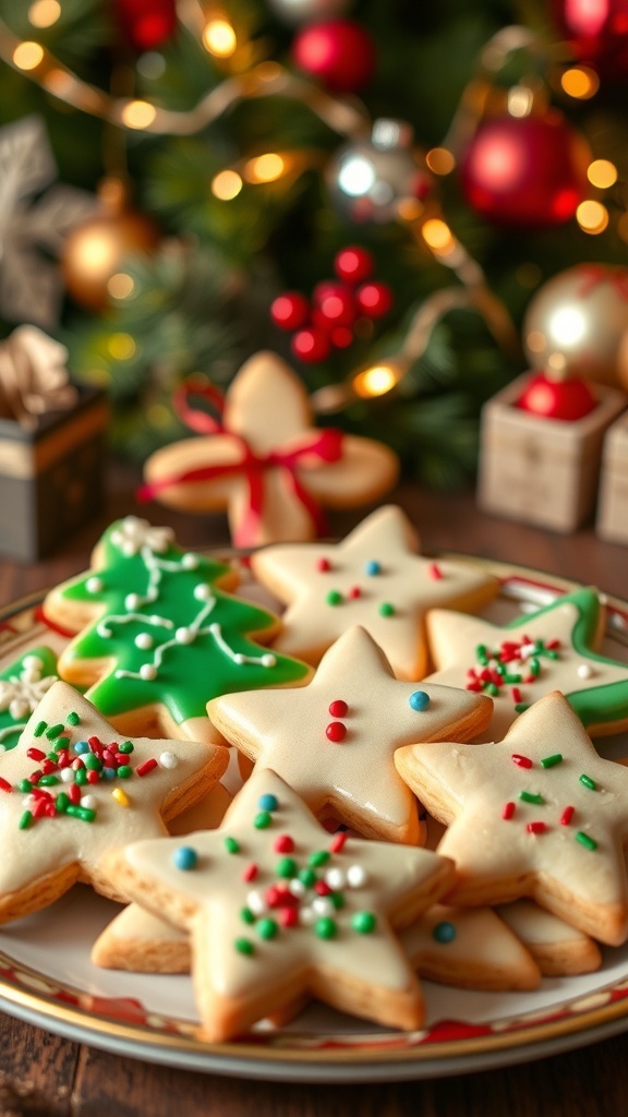 A plate of decorated sugar cookies in festive shapes, ready for Christmas celebrations.